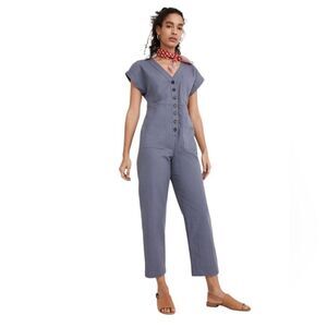 Madewell Cap Sleeve Cotton Blend Jumpsuit Button Sunfaded Indigo Blue Size XS